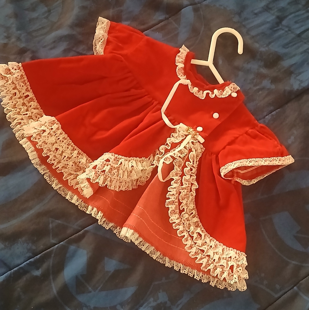 Vintage Red / White Lace Trimmed Velvet Dress